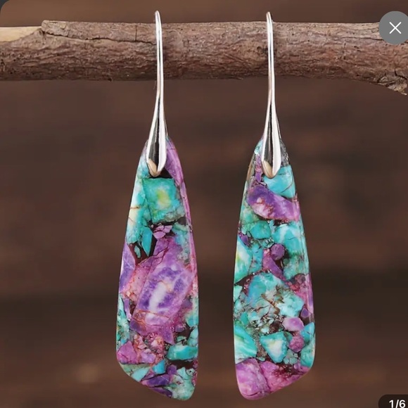 Handmade Jewelry - Bohemian Natural Stone Dangle Earrings - Blue and Purple Floral Pattern